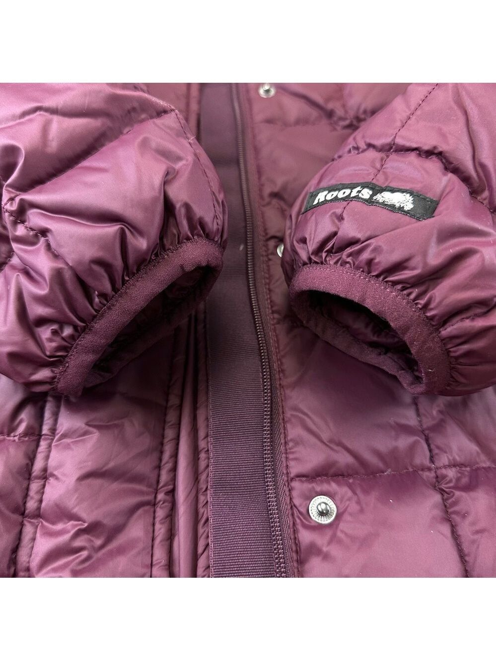 Roots down hooded puffer coat Womens Medium burgundy quilted long line winter - Picture 13 of 14
